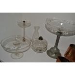A glass and steel centrepiece, probably German, cut glass bowl, sinuous pedestal support,