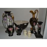 Ceramics - a Shelley Carnation pattern garniture, comprising a pair of ovoid vases and candlesticks,