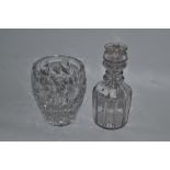 Glassware - a clear glass bowed cylindrical vase, cut with vertical lines and diagonal leaves,