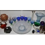 Glass - a set of four 20th century wine goblets, blue moulded bowls, knopped stem,
