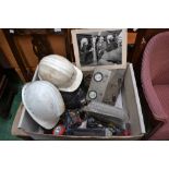 Mining memorabilia - hard hats and helmet lamps, drilling equipment,