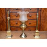 A 20th century brass Corinthian column table lamp, stepped square base; another,