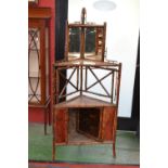 A three tier bamboo corner whatnot, mirrored back to second tier, single door cupboard to base.