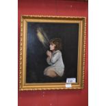 Oil on Panel, Young Girl Kneeling,