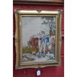 A Victorian Berlin woolwork picture, a farmer and his companions, he wistfully stands by his horse,