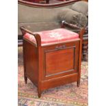 An Edwardian mahogany and marquetry piano stool, stuffed-over seat above a fall front, c.