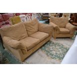 A suede two seat sofa and accompanying chair (2)