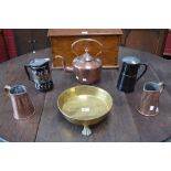 A Victorian copper kettle; a similar copper measure; a Victorian Jackfield type stoneware jug,