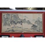 A modern four fold Japanese style screen, each panel painted with a continuous landscape,