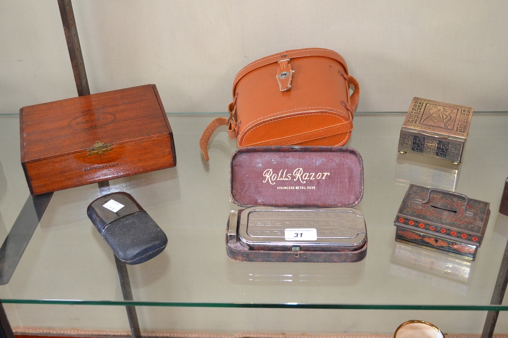 Gentleman's accoutrements and binoculars, leather collar box, cigar box, razor, flask,