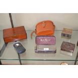 Gentleman's accoutrements and binoculars, leather collar box, cigar box, razor, flask,