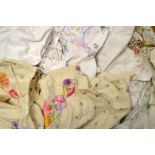 Textiles - embroidered linen tablecloths; Parakeets; Crinoline Lady; English Cottage Garden;