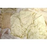 Textiles - a floral lace table cloth;  others similar;