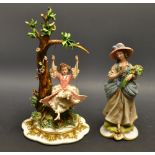 A Capodimonte porcelain figure, Girl in a Swing, signed, 36/++2, printed impressed mark; another,