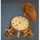 A gold plated hunter pocket watch, top wind, E.