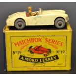 Moko Lesney Matchbox 19 MG `A` Sports Car, cream with grey plastic wheels, tan driver,