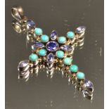 A silver Iolite and turquoise set cruciform pendant,