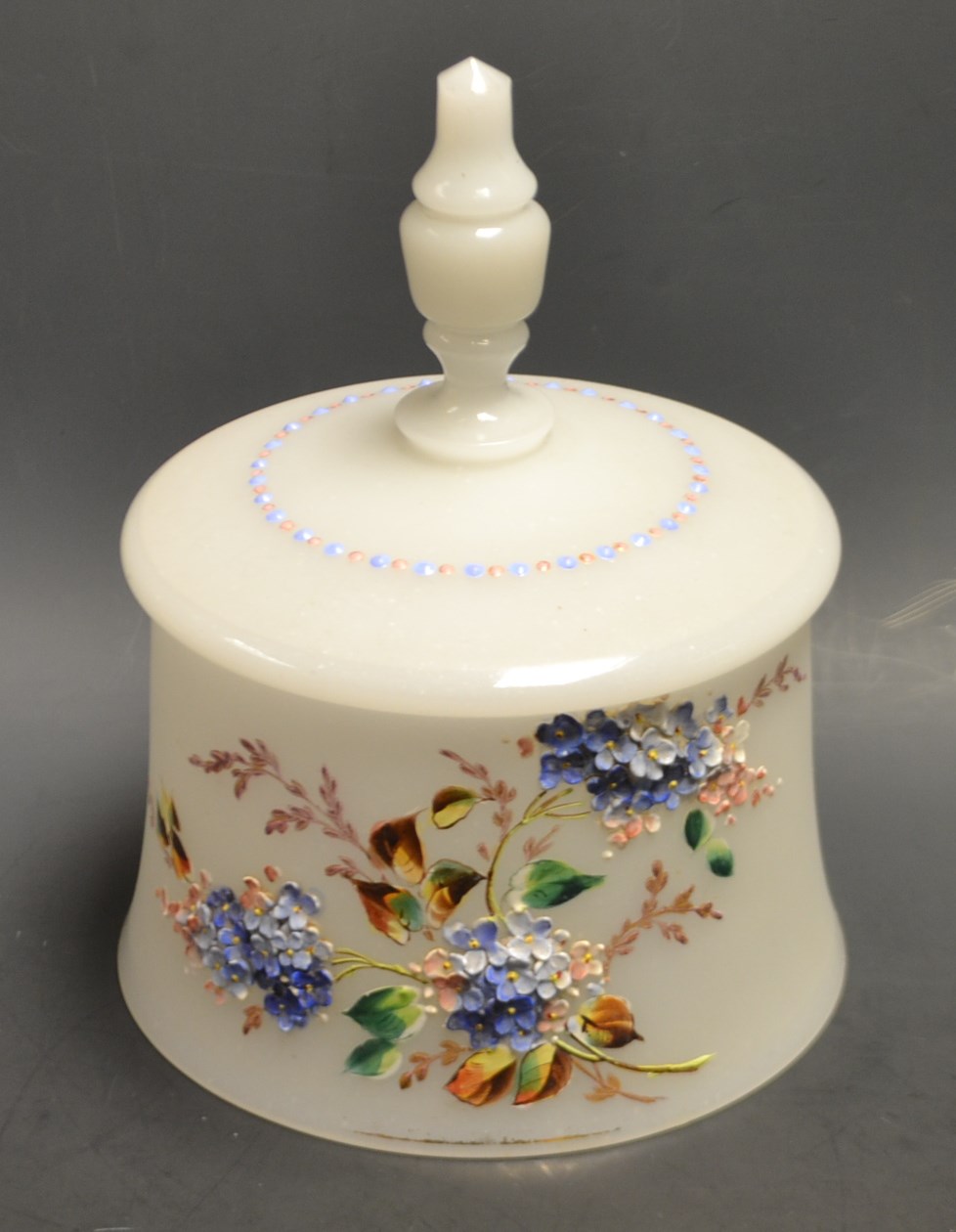A Victorian frosted opaque glass bell cheese dome, decorated with flowers, gilt rim, c.