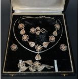 Cased Filigree silver set, necklace, earrings, brooch,