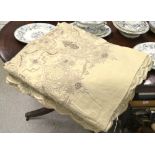 Textiles - an embroidered  Madeira linen banqueting tablecloth,