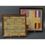 A Victorian alphabet sampler, worked my Mary Ellen Kirk, dated 1878, framed; a 1916 C.A.M.C.