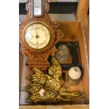 An Oak carved wall barometer; an ink stand; brass flaying mallards, etc.