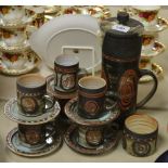 A Briglin Studio Pottery coffee set for six, comprising coffee pot, six cups and saucers,