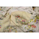 Textiles - embroidered linen tablecloths; Crinoline Lady; English Cottage Garden;