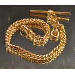 A 9ct yellow gold albert chain and T bar, 21cm long, 23.