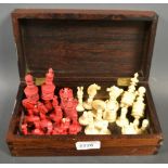 A 19th century English bone barley corn pattern chess set, red stained opposition, the kings 9.