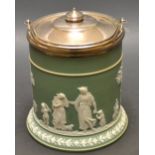 A Wedgwood green jasperware ginger jar, decorated with allegorical figures, silver-plated collar,