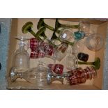 Glassware- a set of six clear and green glass Hoch glasses;