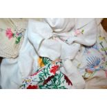 Textiles - embroidered linen tablecloths; Crinoline Lady; Bluebirds; English cottage garden flowers;