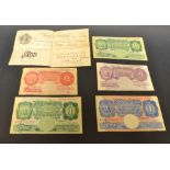 Bank Notes - 1945 £5, blue and green £1 notes,