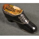 A Victorian papier mache snuff shoe,