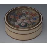 A George III circular  ivory table snuff box, the cover painted by M C Parnet, signed,