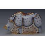 A Royal Crown Derby paperweight, Endangered Species White Rhino, gold stopper, printed mark, boxed,