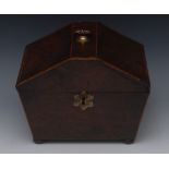 An early George II burr yew canted sarcophagus work box,
