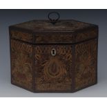 A rare George III curled paper lozenge shaped tea caddy, hinged cover with brass axehead handle,