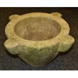 A large 19th century marble mortar, of typical form, with four lugs, 22cm high,