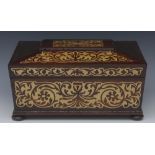 A William IV rosewood and cut brass marquetry sarcophagus work box, the interior fitted with a tray,
