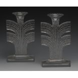 A pair of René Lalique molded glass Tokyo pattern candlesticks,  (Marcilhac 2119), 21cm high,