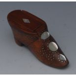 A 19th century mahogany and brass pinwork novelty snuff box, as a shoe,