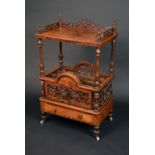 A Victorian burr walnut and marquetry Canterbury whatnot,