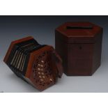 A concertina, by Lachenal & Co, London, hexagonal mahogany fretwork ends, twenty one keys,