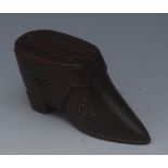 A George III mahogany and brass pinwork novelty snuff box, as a shoe, decorated with anchor,