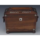 A George IV rosewood and mother of pearl marquetry sarcophagus tea caddy,
