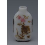 A Chinese flattened rounded rectangular opaque brown and pink overlay glass snuff bottle,