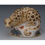 A Royal Crown Derby paperweight, Endangered Species Savannah Leopard, gold stopper, printed mark,