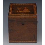 A 19th century Italian Sorrento ware cube tea caddy, hinged cover inlaid with dancing musicians,